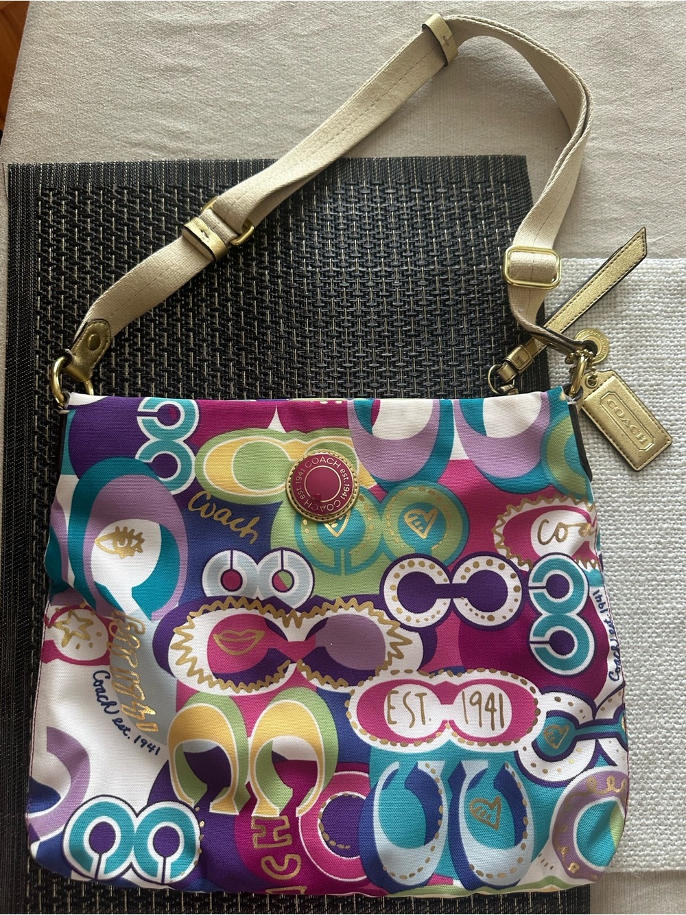 Coach Multicolor Graphic Print Crossbody Bag with Cream Strap